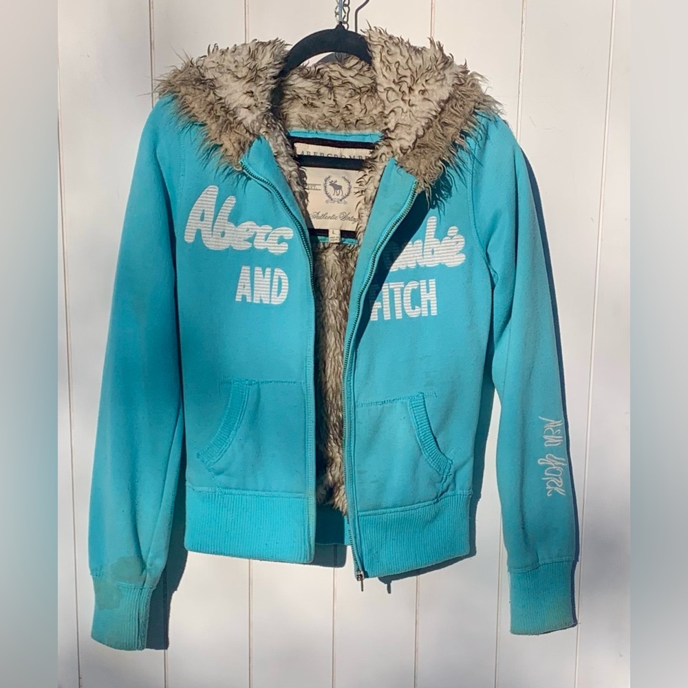 Y2K Abercrombie and Fitch Teal Zip Up Hoodie Pre-owned Sz Large